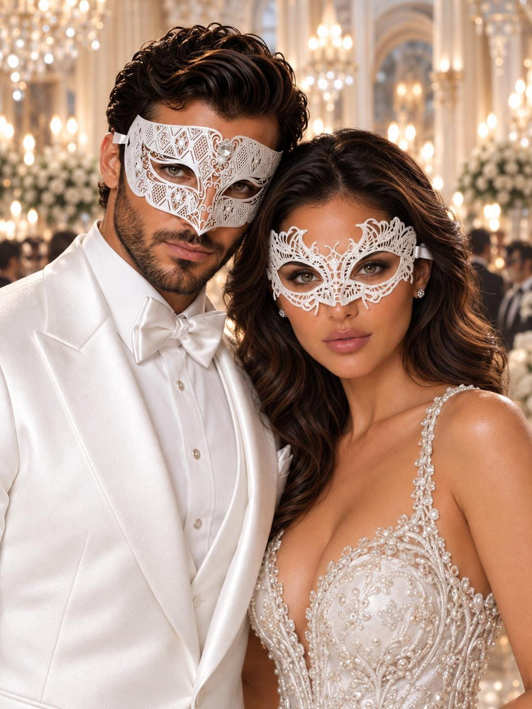 White Lace & Diamond Clear Stone Masks for Couples