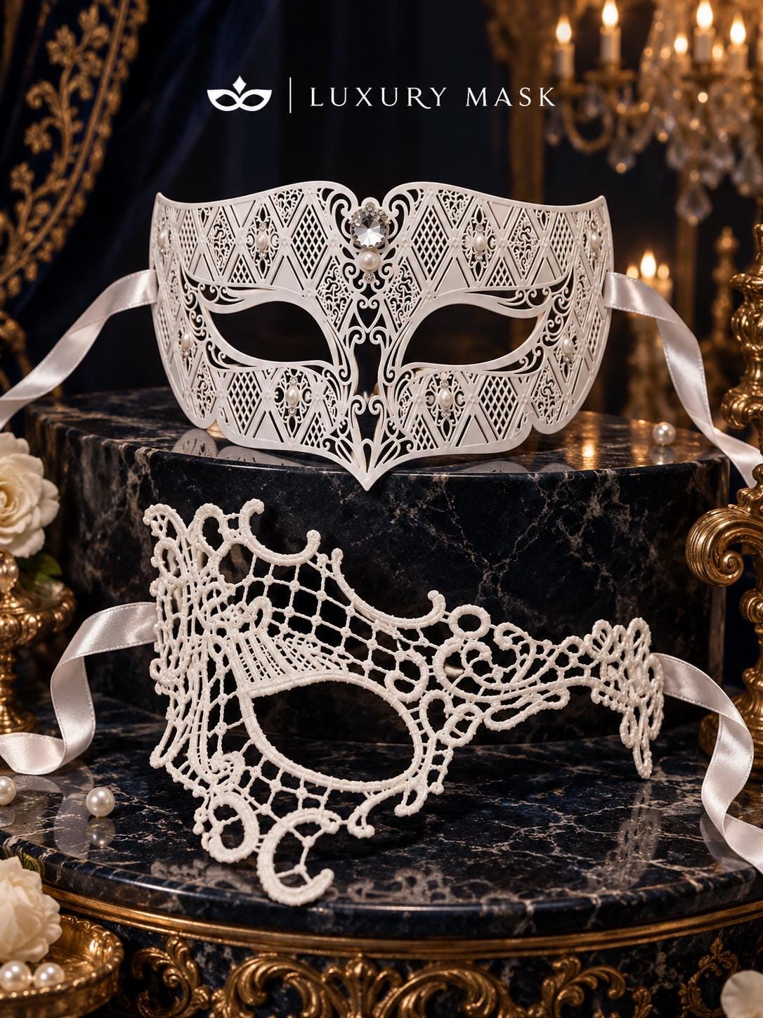 White Phantom Lace & Clear Stone Diamond Masks – product photo 7