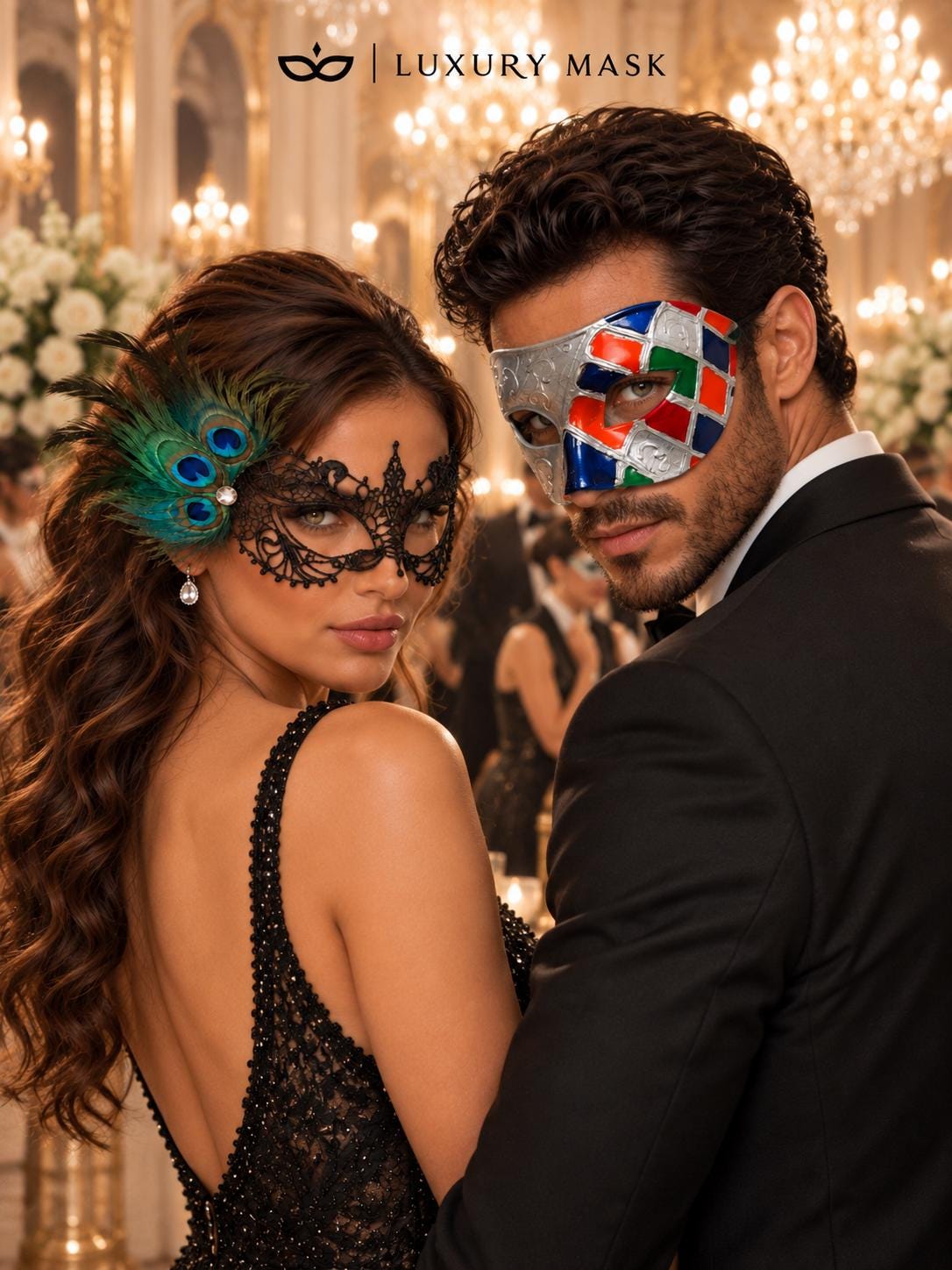 Silver Multicolor Checkered Venetian Mask with Black Peacock Lace Mask – product photo 4