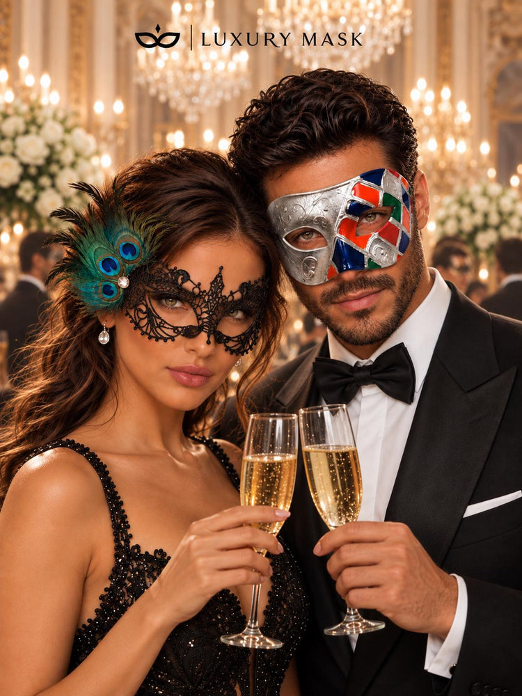 Silver Multicolor Checkered Venetian Mask with Black Peacock Lace Mask – product photo 5