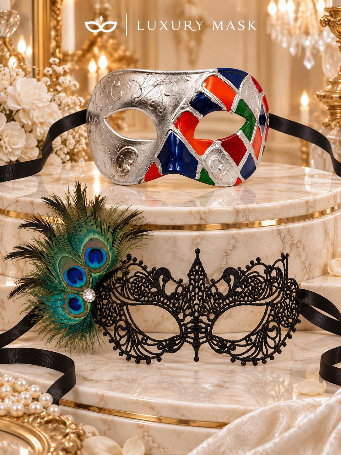Silver Multicolor Checkered Venetian Mask with Black Peacock Lace Mask – product photo 6
