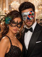 Silver Multicolor Checkered Venetian Mask with Black Peacock Lace Mask