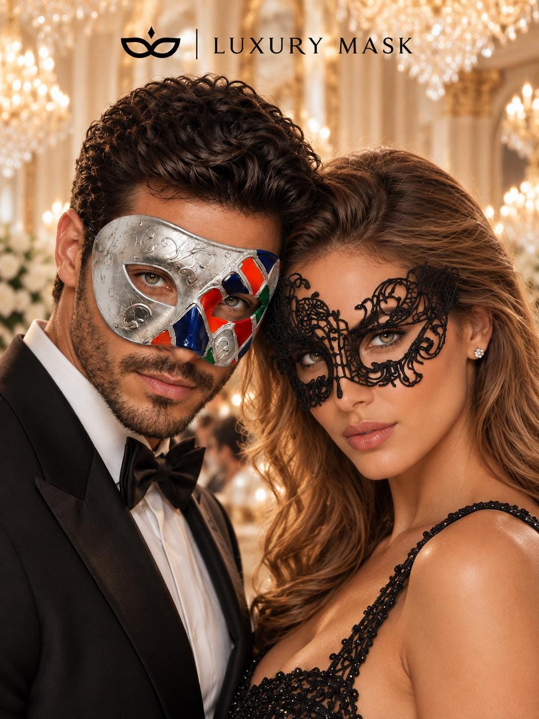 Multicolor Checkered Venetian Mask for Men & Black Swan Lace Mask for Women – product photo 2