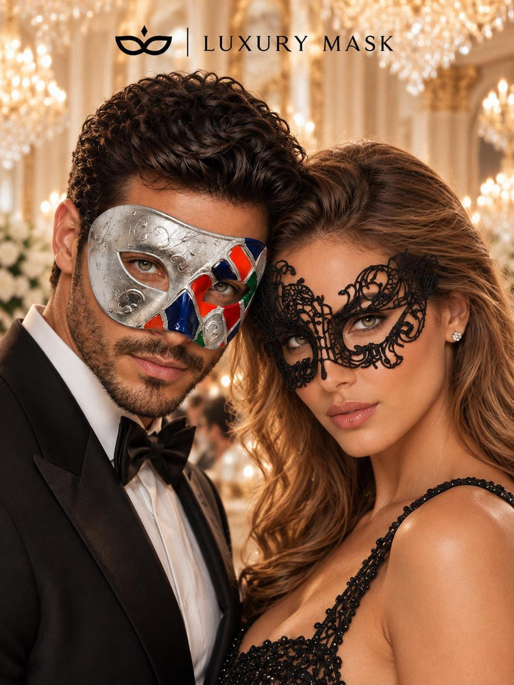 Multicolor Checkered Venetian Mask for Men & Black Swan Lace Mask for Women – product photo 2