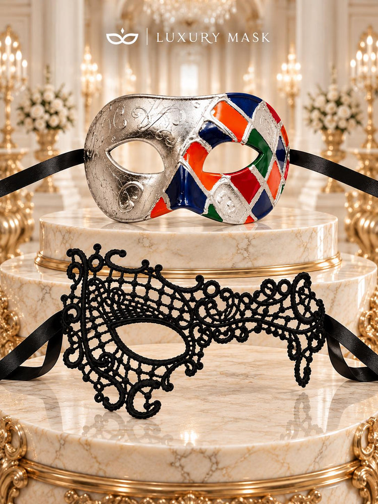 Silver Multicolor Venetian Mask & Black Phantom Lace Mask – product photo 6