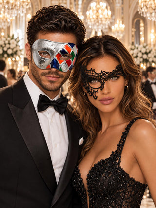 Silver Multicolor Venetian Mask & Black Phantom Lace Mask