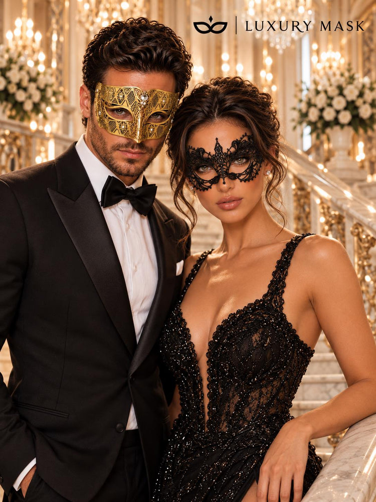 Gold Clear Stone Diamond Mask for Men & Black Lace Mask for Women – product photo 3