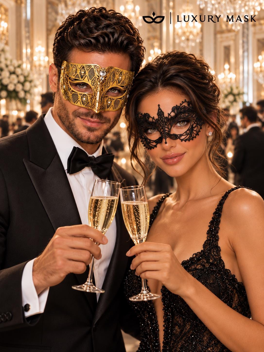 Gold Clear Stone Diamond Mask for Men & Black Lace Mask for Women – product photo 5