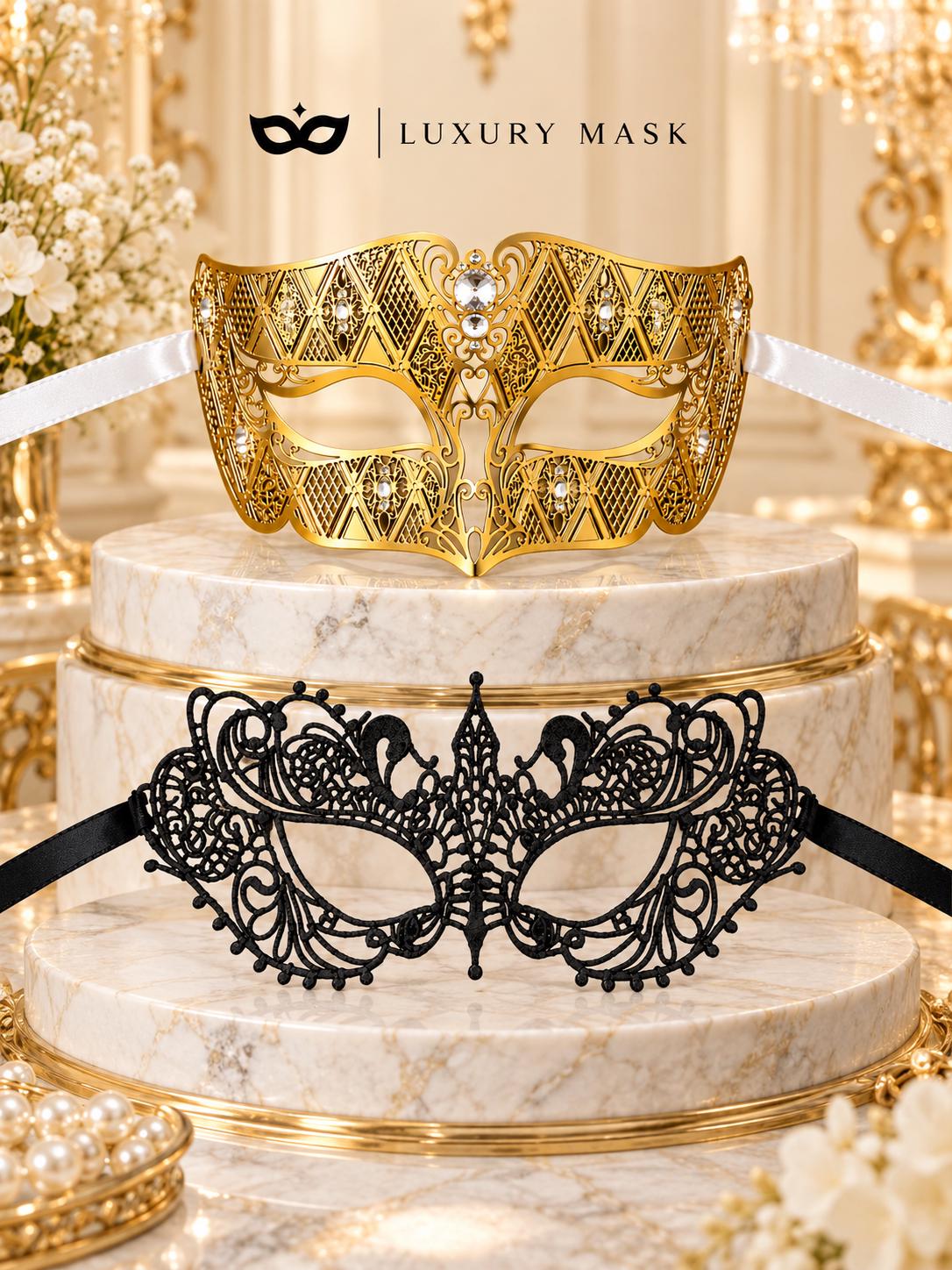 Gold Clear Stone Diamond Mask for Men & Black Lace Mask for Women – product photo 6