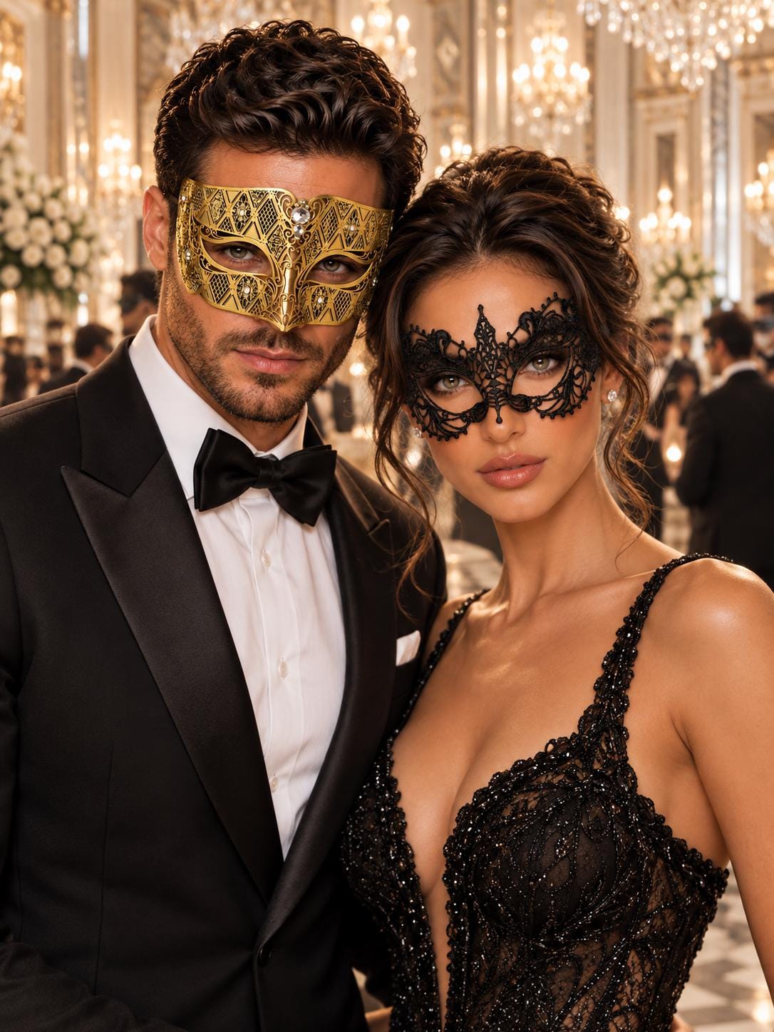 Gold Clear Stone Diamond Mask for Men & Black Lace Mask for Women