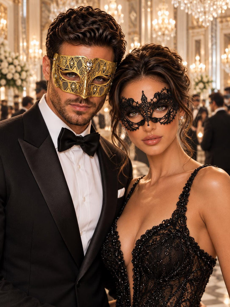 Gold Clear Stone Diamond Mask for Men & Black Lace Mask for Women