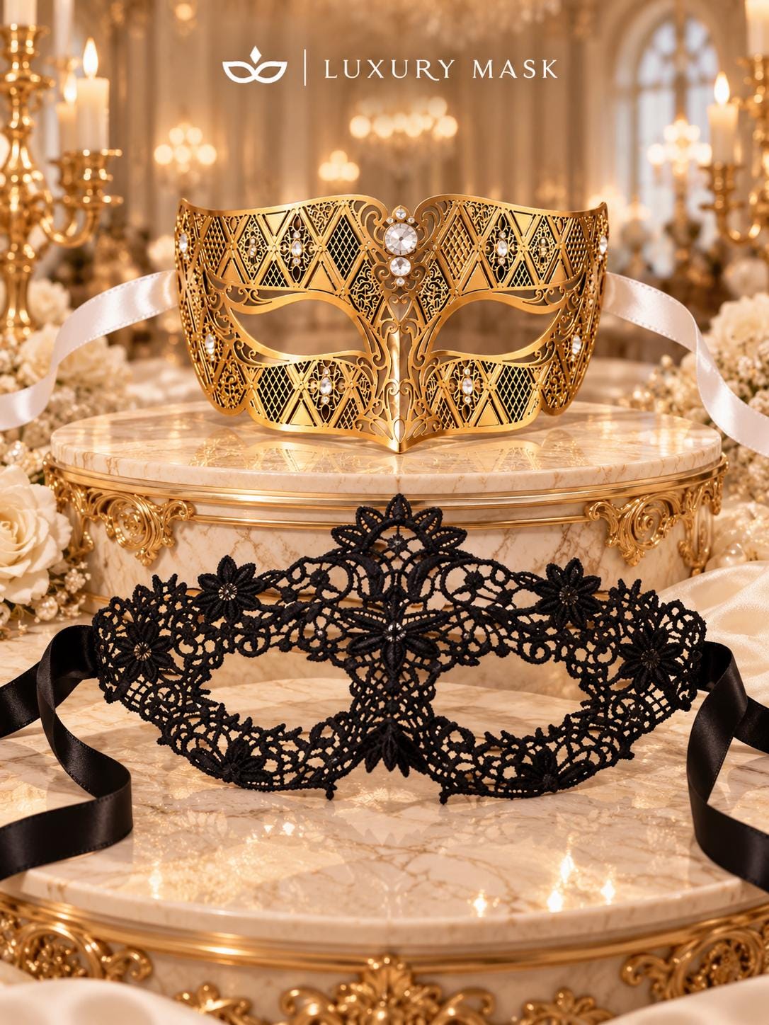Black Flower Lace Mask & Gold Diamond Clear Stone Venetian Mask – product photo 6