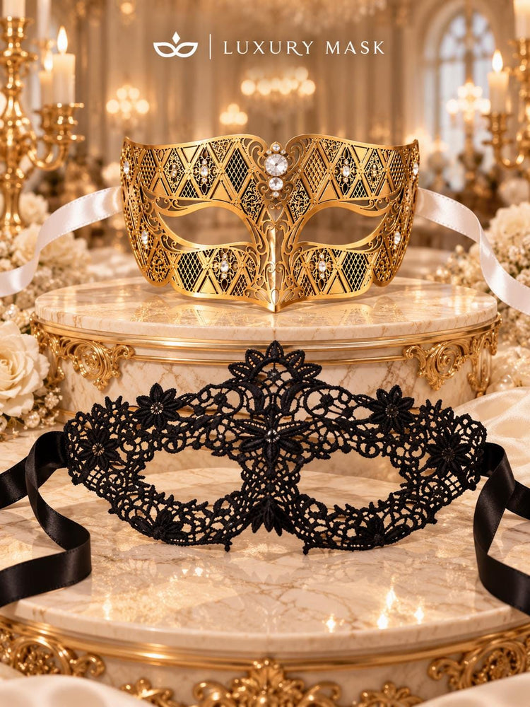 Black Flower Lace Mask & Gold Diamond Clear Stone Venetian Mask – product photo 6