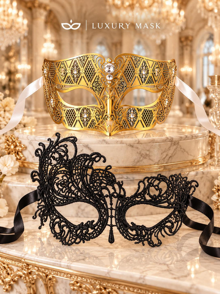 Gold Diamond Stone Venetian Mask & Black Swan Lace Mask – product photo 6