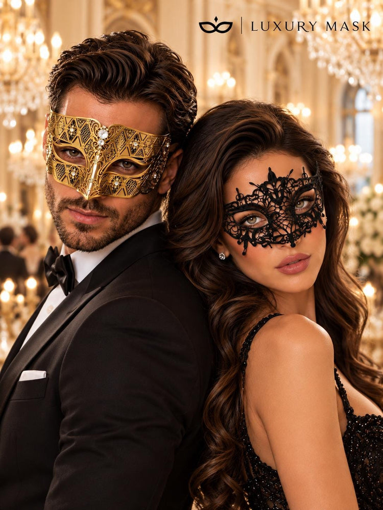 Black Lace Masquerade Mask for Women with Gold Diamond Stone Venetian Mask for Men – product photo 4