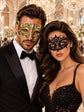 Black Lace Masquerade Mask for Women with Gold Diamond Stone Venetian Mask for Men