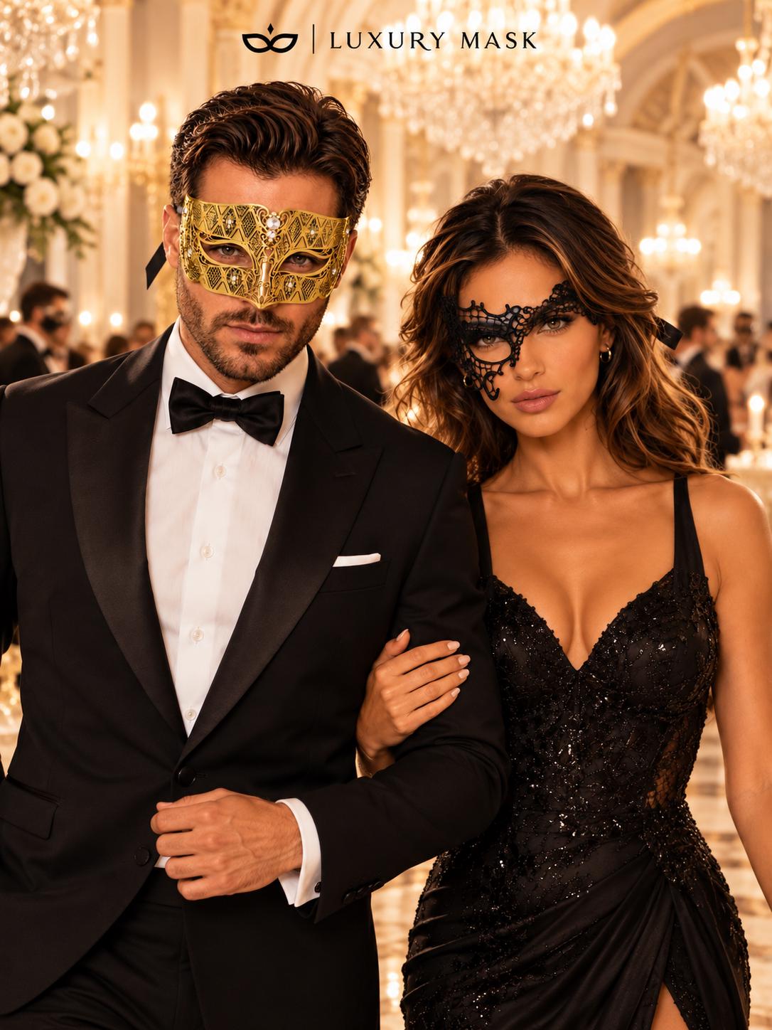Gold Diamond Venetian Mask for Men & Black Phantom Lace Mask for Women – product photo 2