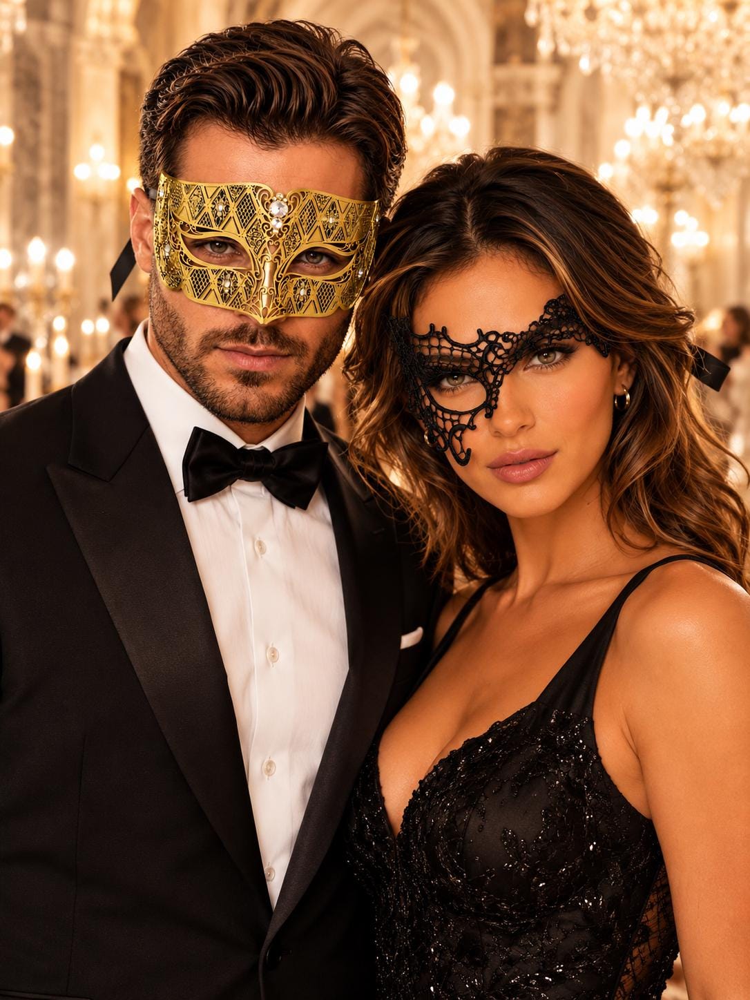 Gold Diamond Venetian Mask for Men & Black Phantom Lace Mask for Women