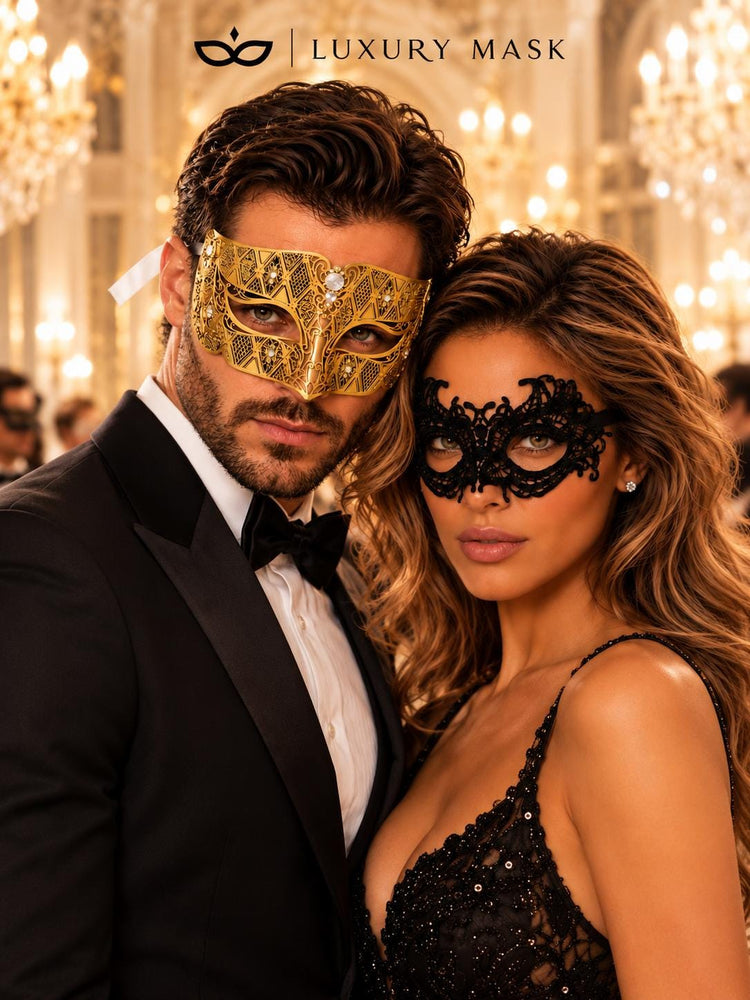 Gold Clear Stone Diamond Mask for Men & Black Lace Venetian Mask for Women – product photo 2