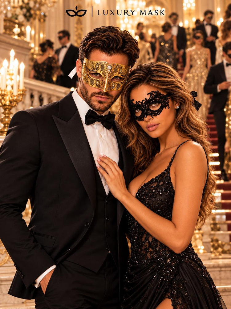 Gold Clear Stone Diamond Mask for Men & Black Lace Venetian Mask for Women – product photo 5