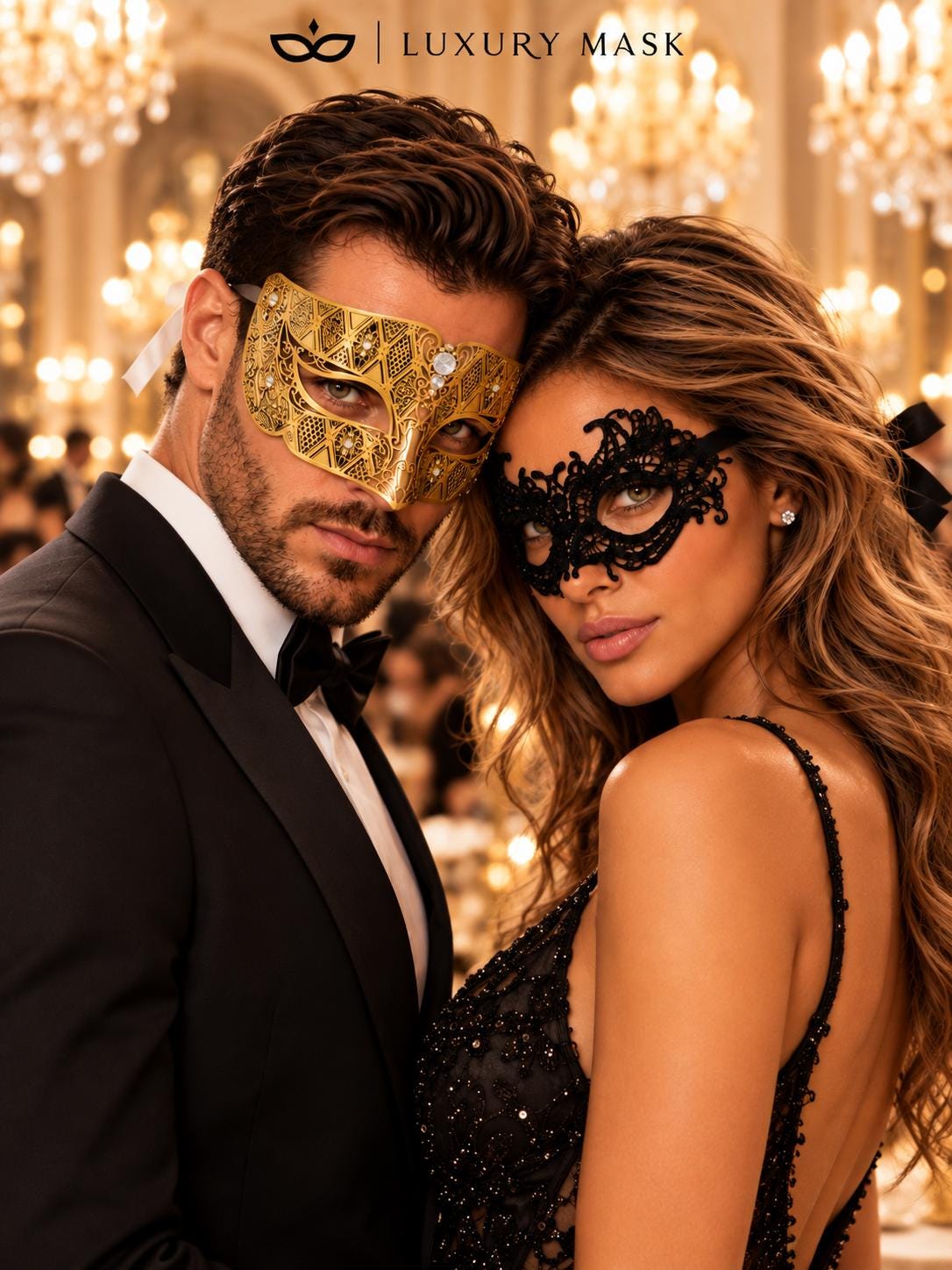 Gold Clear Stone Diamond Mask for Men & Black Lace Venetian Mask for Women – product photo 4