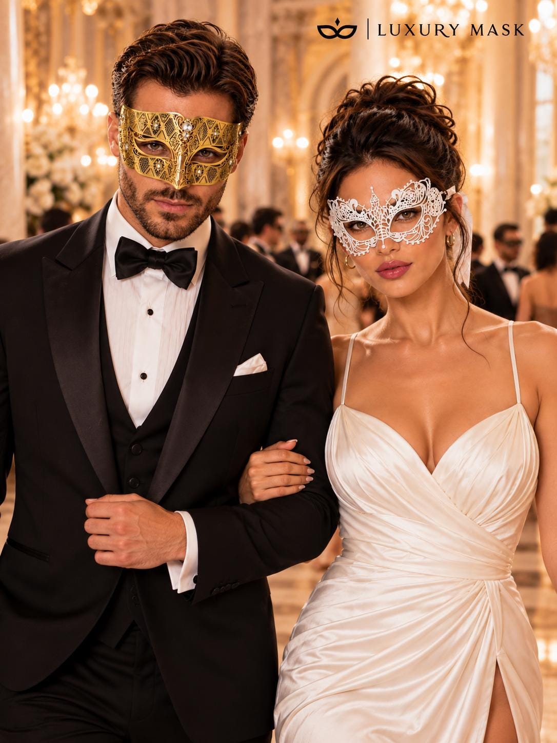 Gold Diamond Clear Stone Mask & White Lace Venetian Mask – product photo 4
