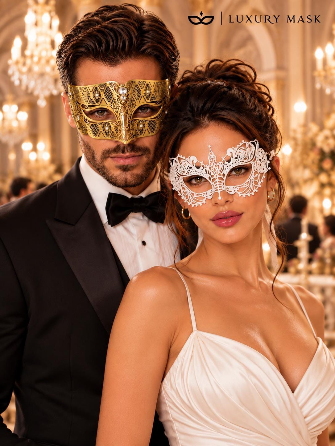 Gold Diamond Clear Stone Mask & White Lace Venetian Mask – product photo 2