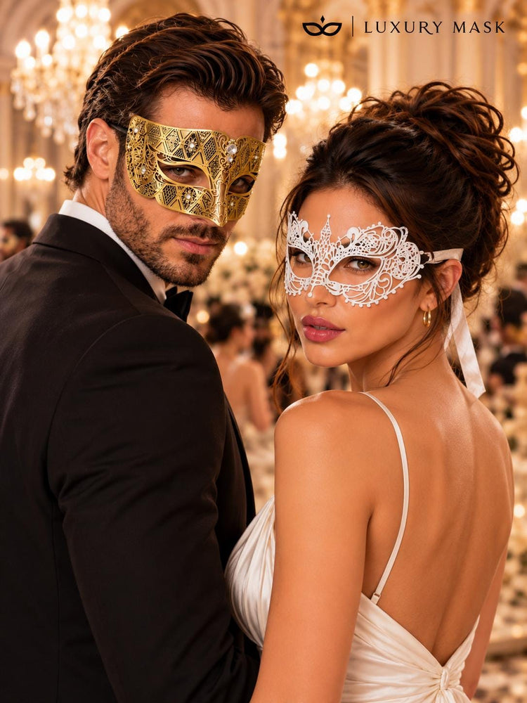 Gold Diamond Clear Stone Mask & White Lace Venetian Mask – product photo 5