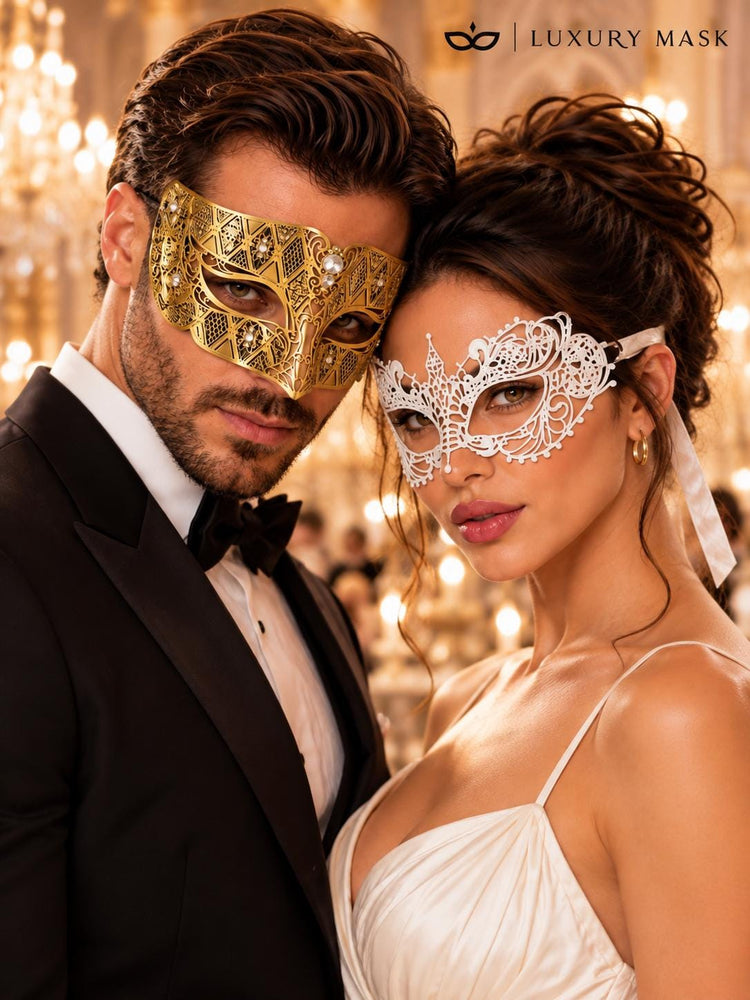 Gold Diamond Clear Stone Mask & White Lace Venetian Mask – product photo 3