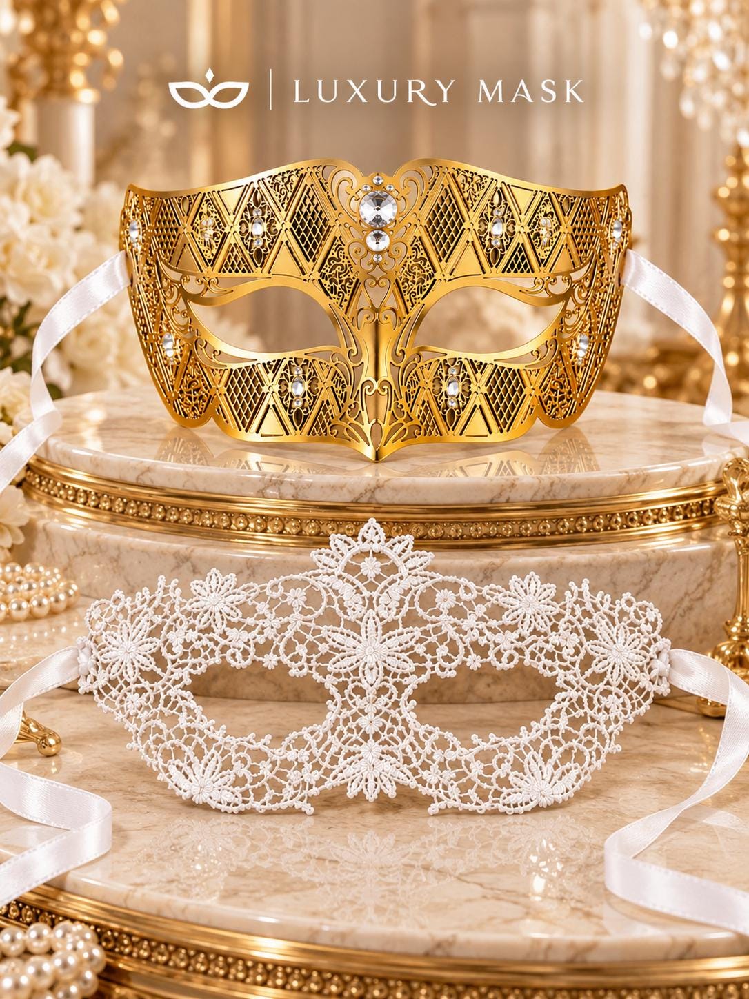 Gold Diamond Venetian Mask with Clear Stones & White Flower Lace Mask – product photo 6