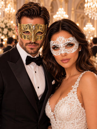 Gold Diamond Venetian Mask with Clear Stones & White Flower Lace Mask