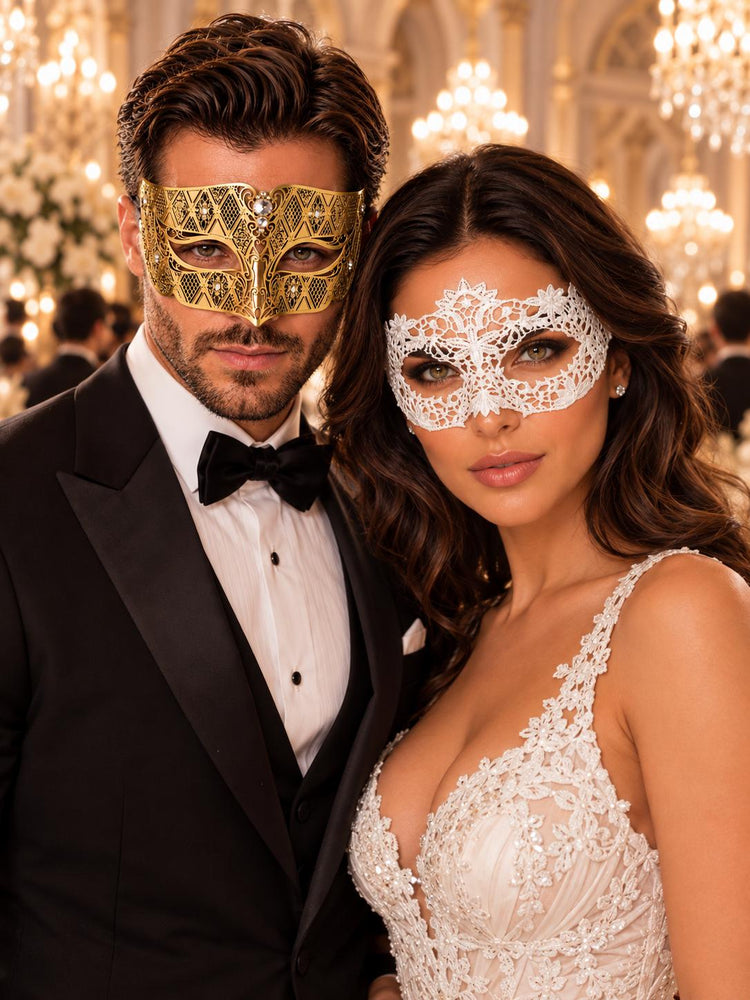 Gold Diamond Venetian Mask with Clear Stones & White Flower Lace Mask