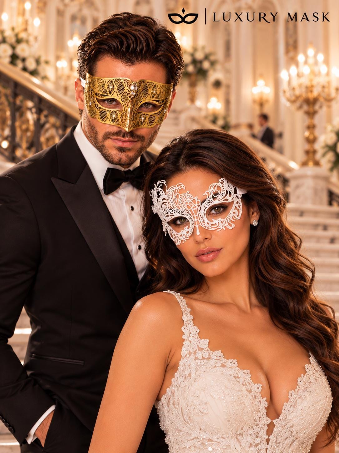 Gold Clear Stone Diamond Mask for Men & White Swan Lace Mask for Women – product photo 3