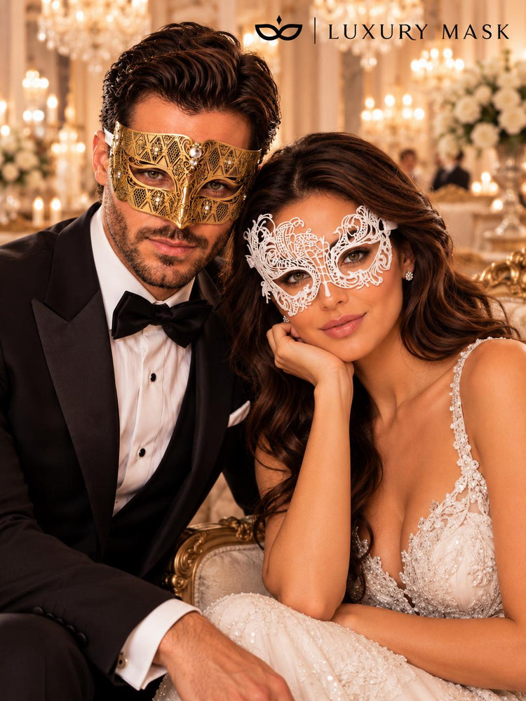 Gold Clear Stone Diamond Mask for Men & White Swan Lace Mask for Women – product photo 5