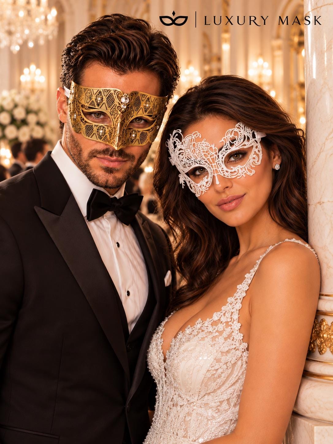 Gold Clear Stone Diamond Mask for Men & White Swan Lace Mask for Women – product photo 4