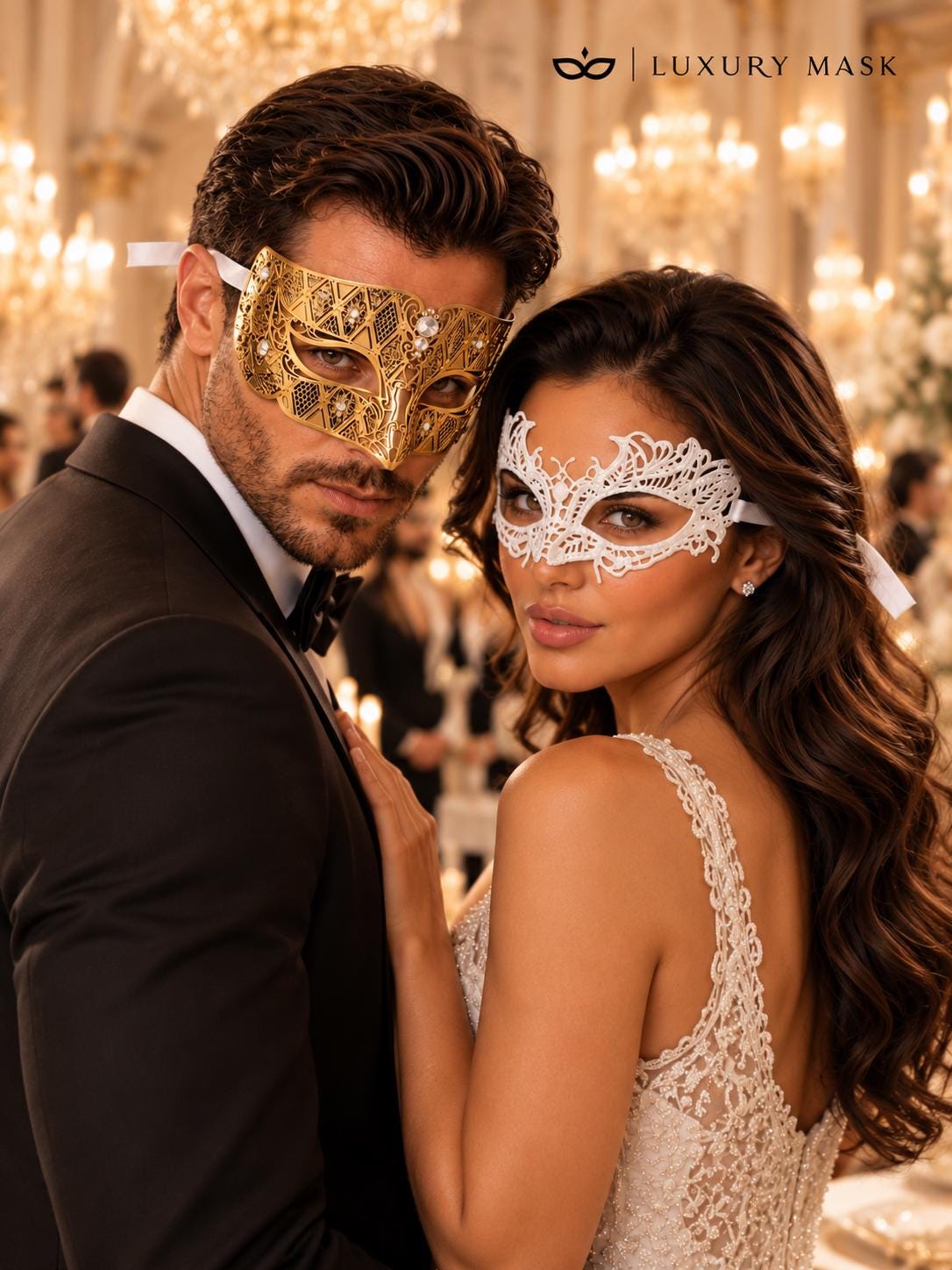 White Lace Mask for Women & Gold Diamond Stone Mask for Men – product photo 3