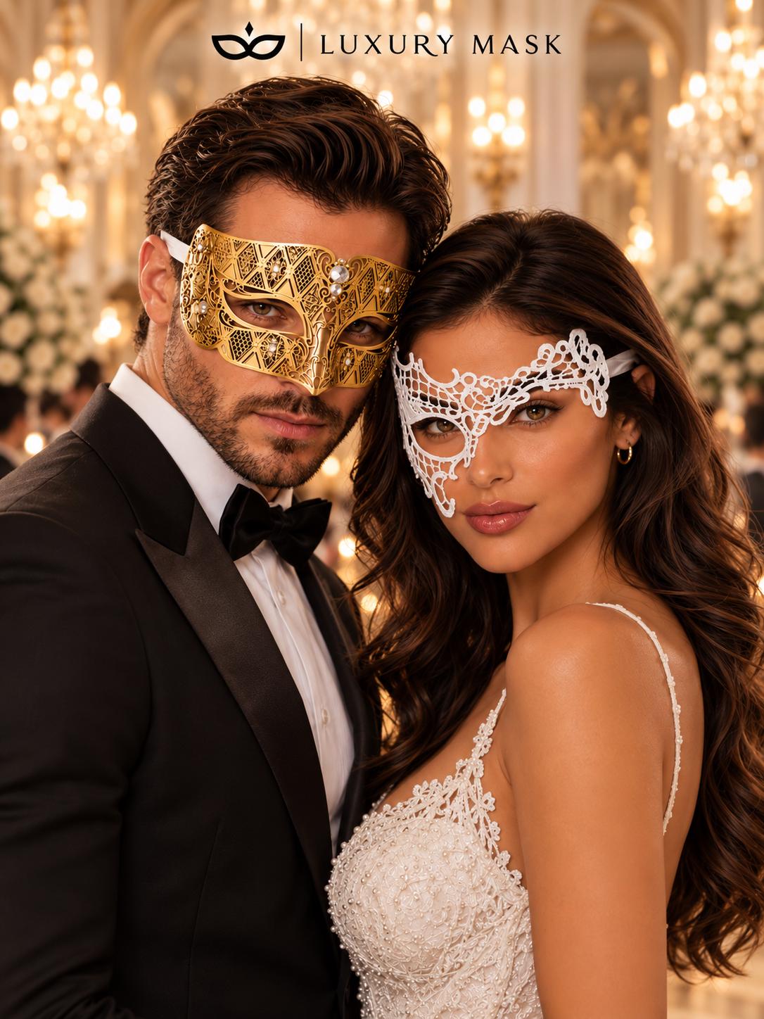 Gold Diamond Mask for Men & White Phantom Lace Mask for Women – product photo 2