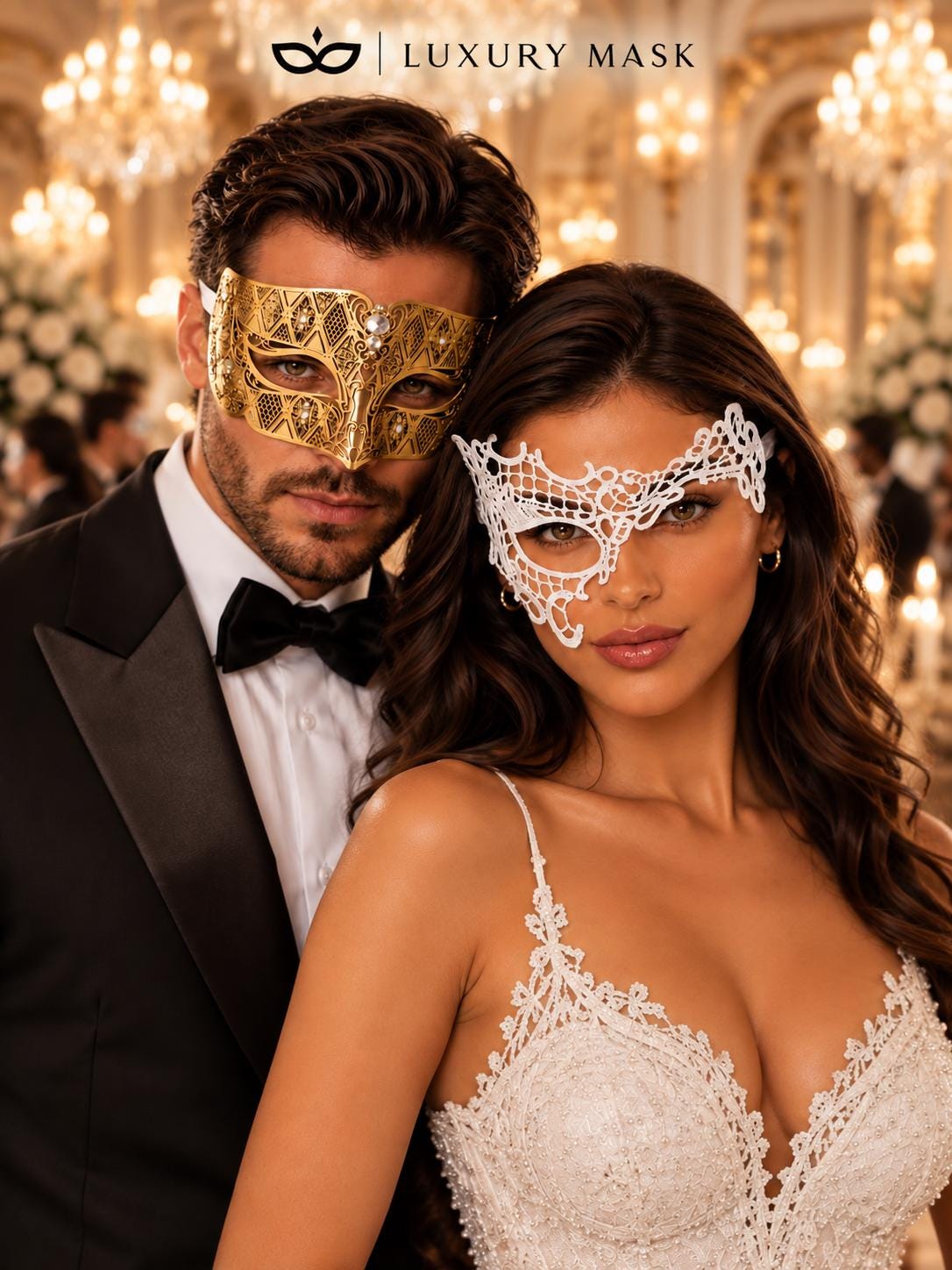 Gold Diamond Mask for Men & White Phantom Lace Mask for Women – product photo 3