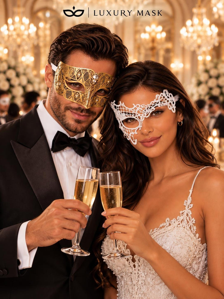 Gold Diamond Mask for Men & White Phantom Lace Mask for Women – product photo 4