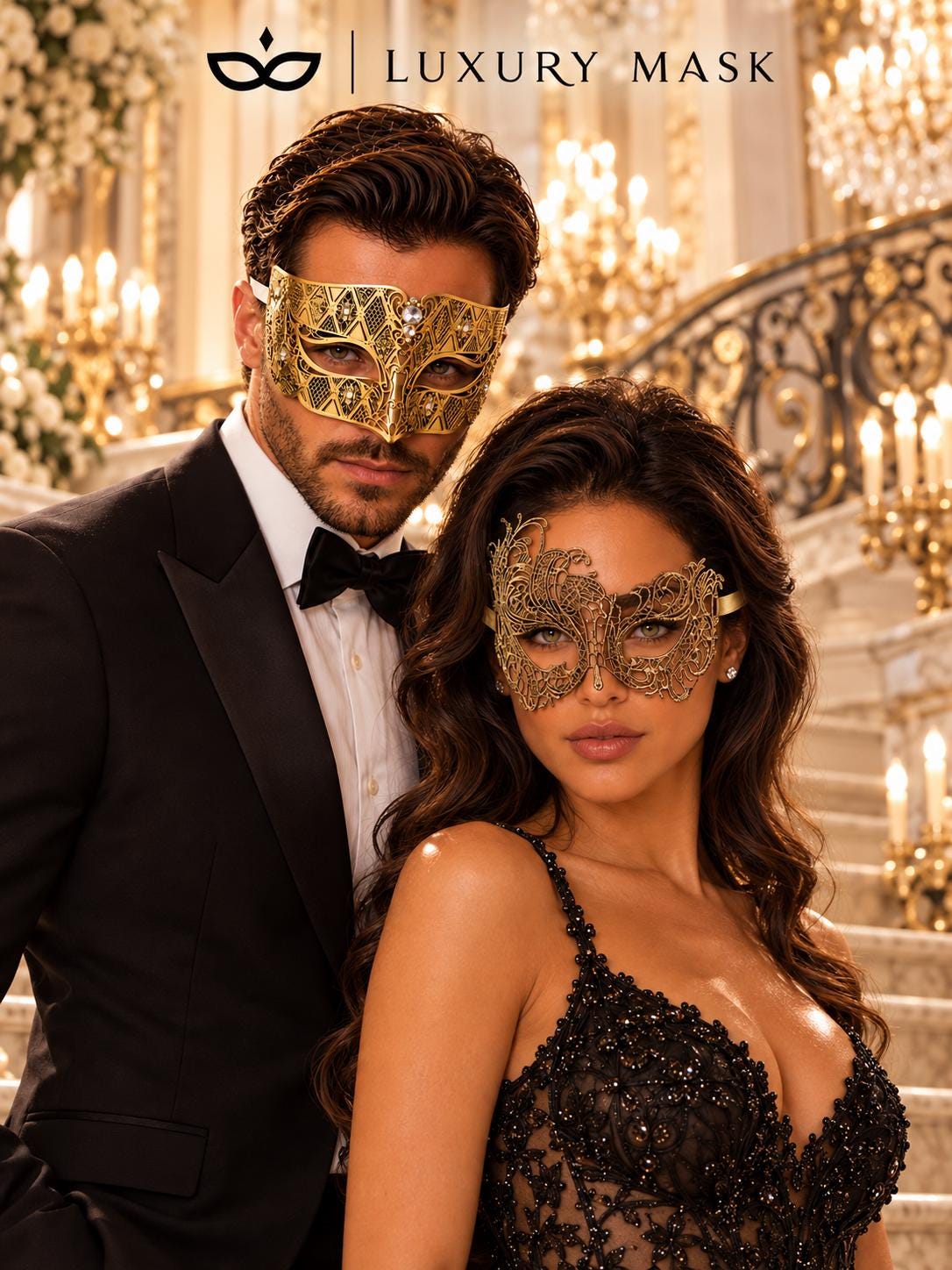 Gold Swan Lace Mask for Women & Diamond Clear Stone Venetian Mask for Men – product photo 2