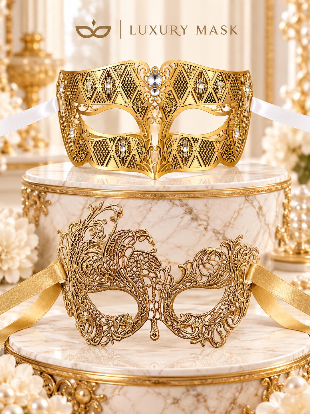 Gold Swan Lace Mask for Women & Diamond Clear Stone Venetian Mask for Men – product photo 6