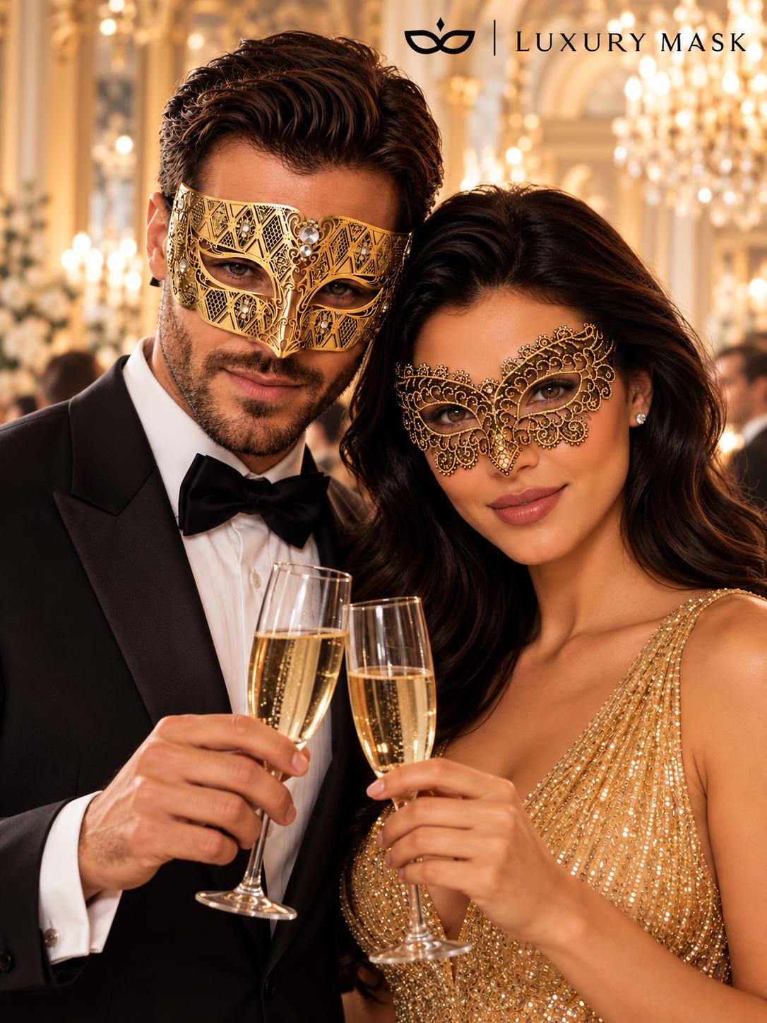 Gold Black Lace Mask for Women with Gold Diamond Stone Mask for Men – product photo 4