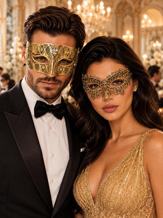Gold Black Lace Mask for Women with Gold Diamond Stone Mask for Men