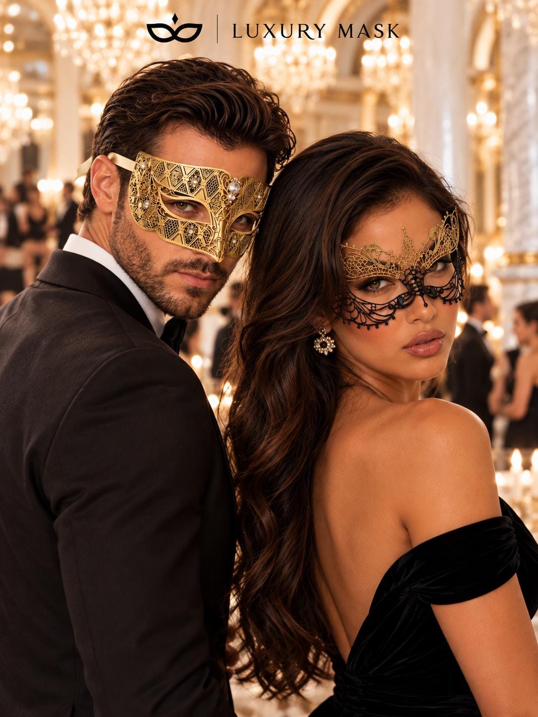 Black Gold Lace Mask for Women & Gold Diamond Venetian Mask for Men – product photo 4
