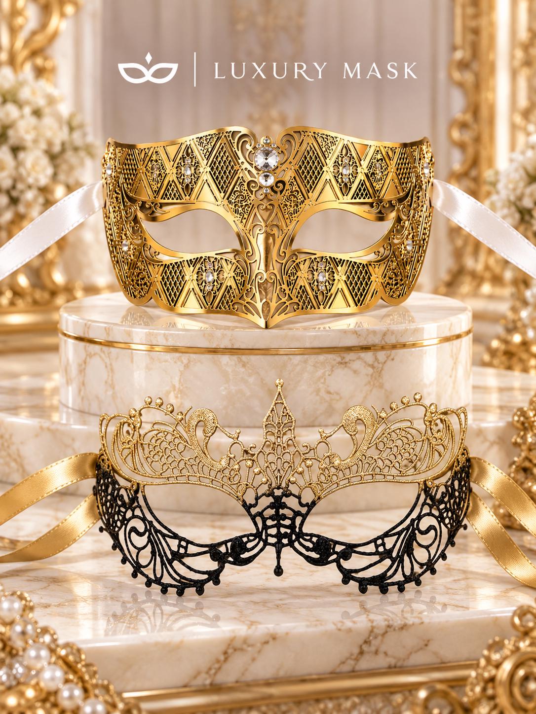 Black Gold Lace Mask for Women & Gold Diamond Venetian Mask for Men – product photo 6