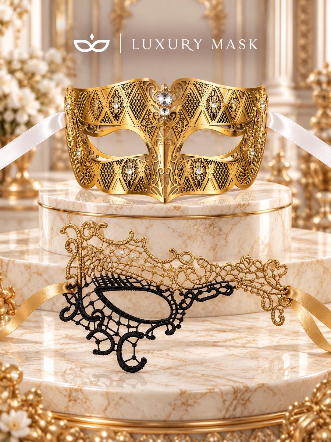 Gold Diamond Clear Stone Mask for Men & Black Gold Phantom Lace Mask for Women – product photo 6