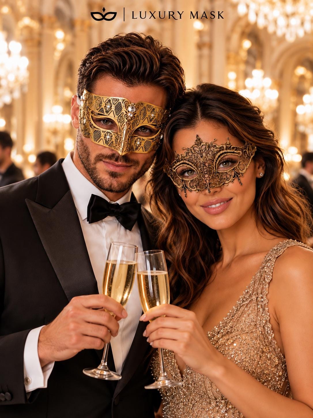 Gold Diamond Clear Stone Venetian Mask & Antique Gold Lace Mask – product photo 4