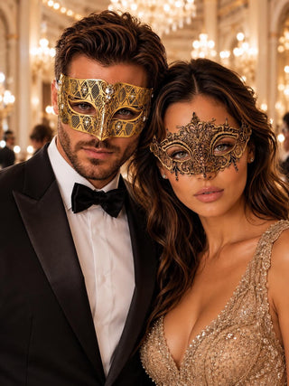 Gold Diamond Clear Stone Venetian Mask & Antique Gold Lace Mask