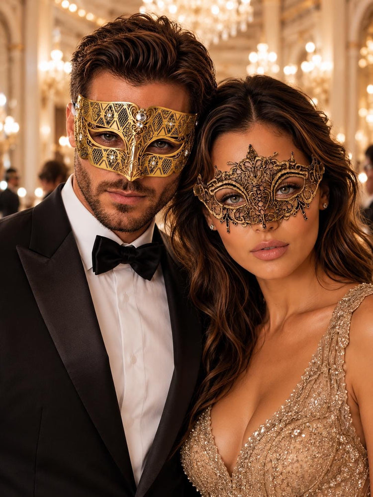Gold Diamond Clear Stone Venetian Mask & Antique Gold Lace Mask