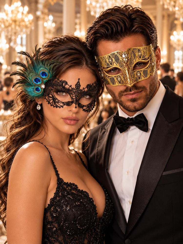 Gold Diamond Stone Mask for Men & Black Peacock Feather Lace Mask for Women
